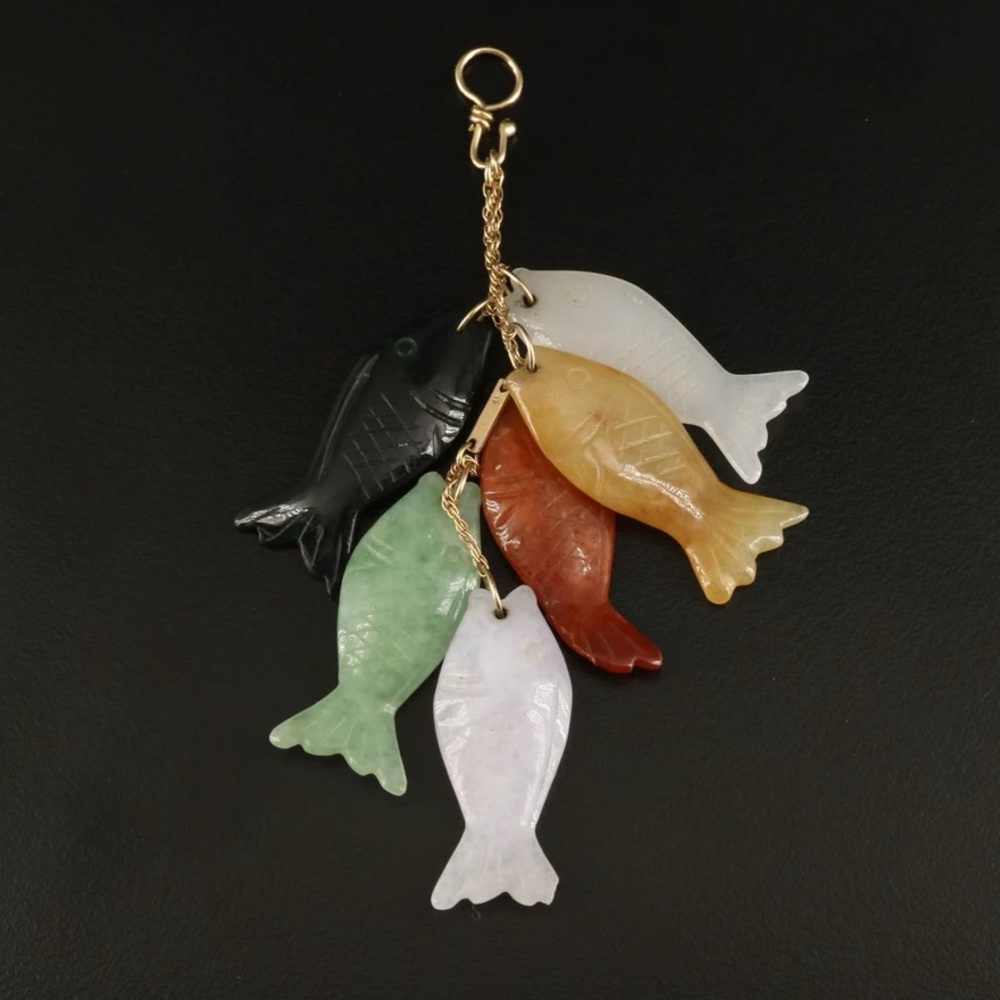 14K Jadeite and Black Onyx Carved Fish Pendant